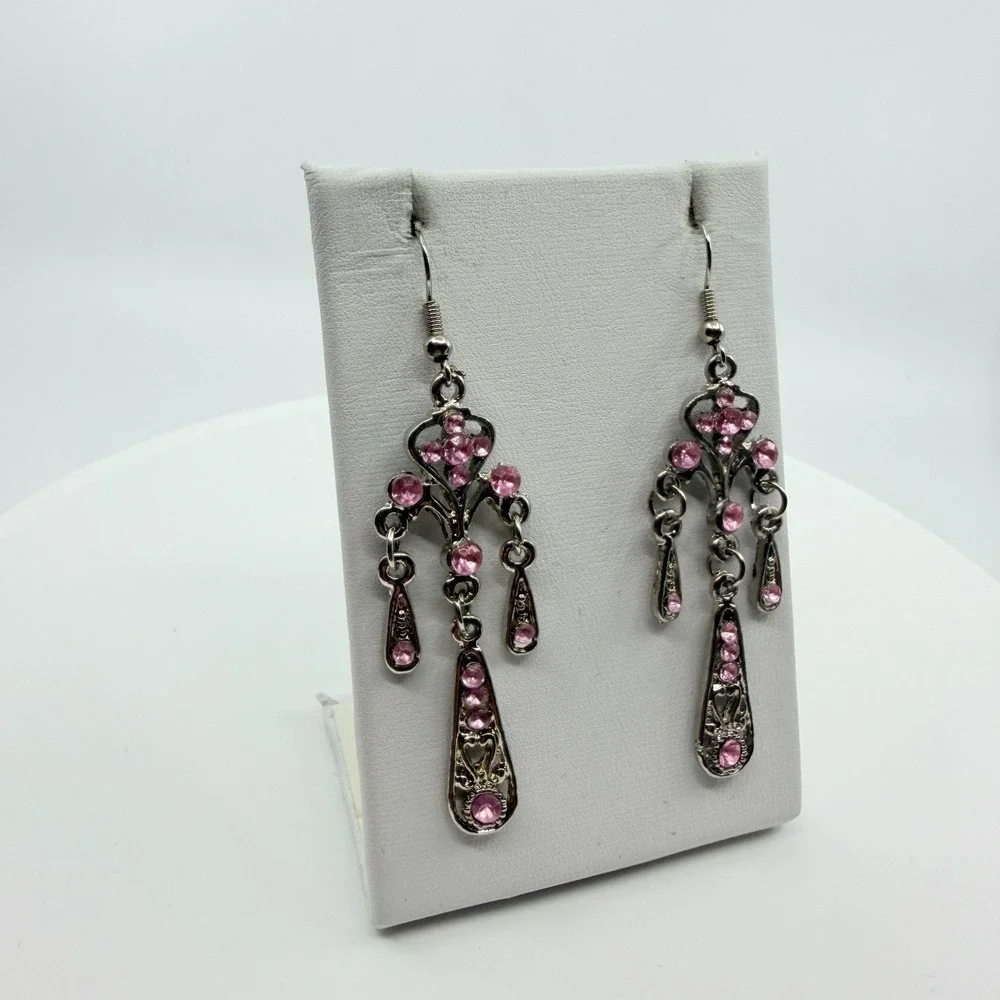 VTG Pink Rhinestone Chandelier Dangle Earrings Silver Tone Goth Fairycore Retro